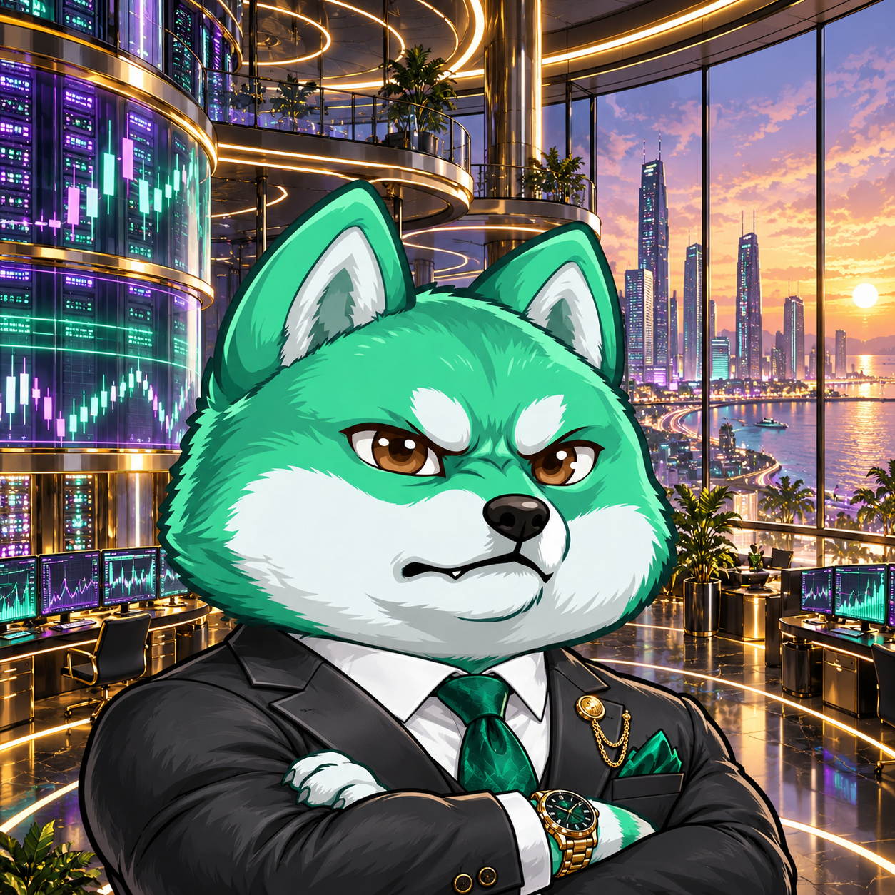 Pumpfun Inu — Genesis Inu: green and white Shiba Inu in a detailed illustrated environment
