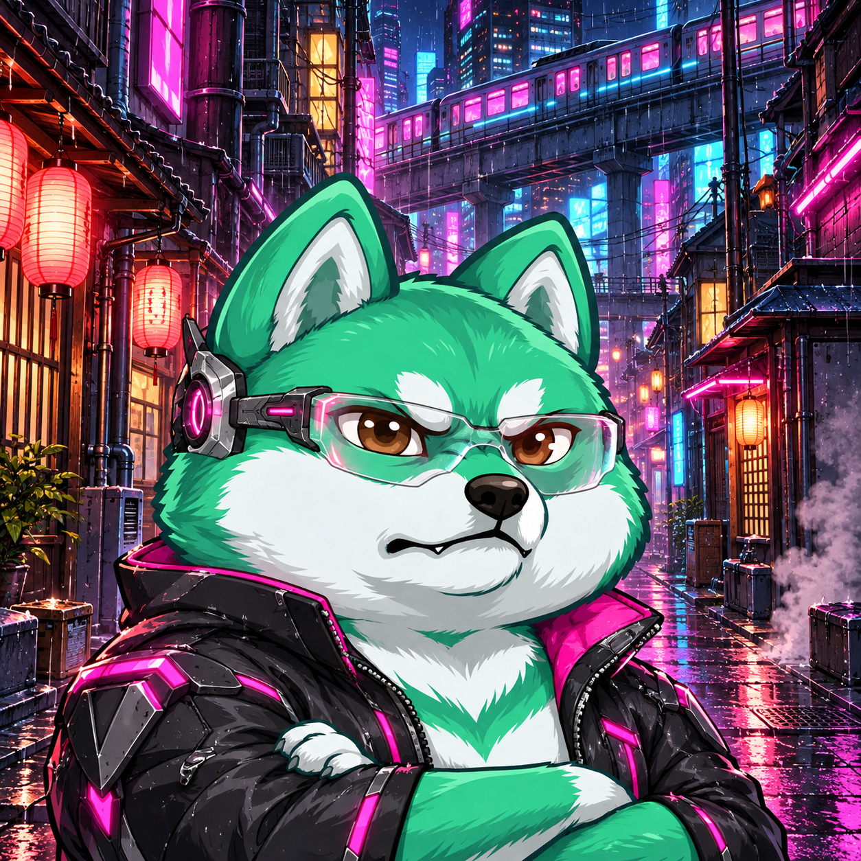Pumpfun Inu — Cyber Inu: green and white Shiba Inu in a detailed illustrated environment