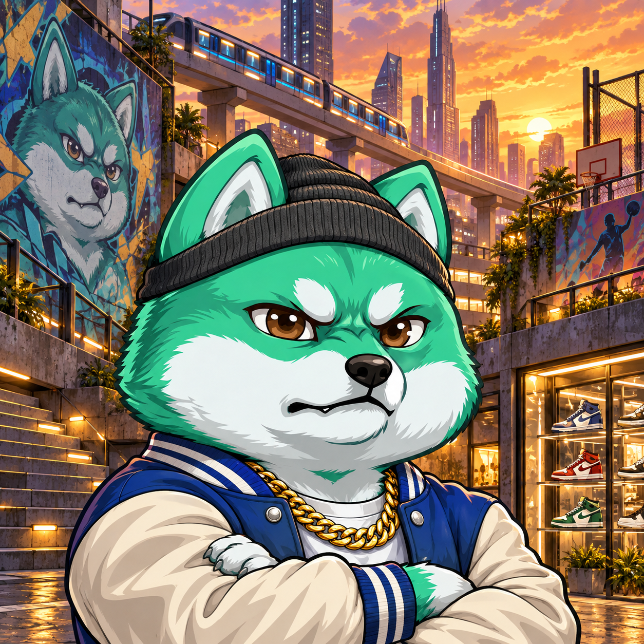 Pumpfun Inu — Street Inu: green and white Shiba Inu in a detailed illustrated environment