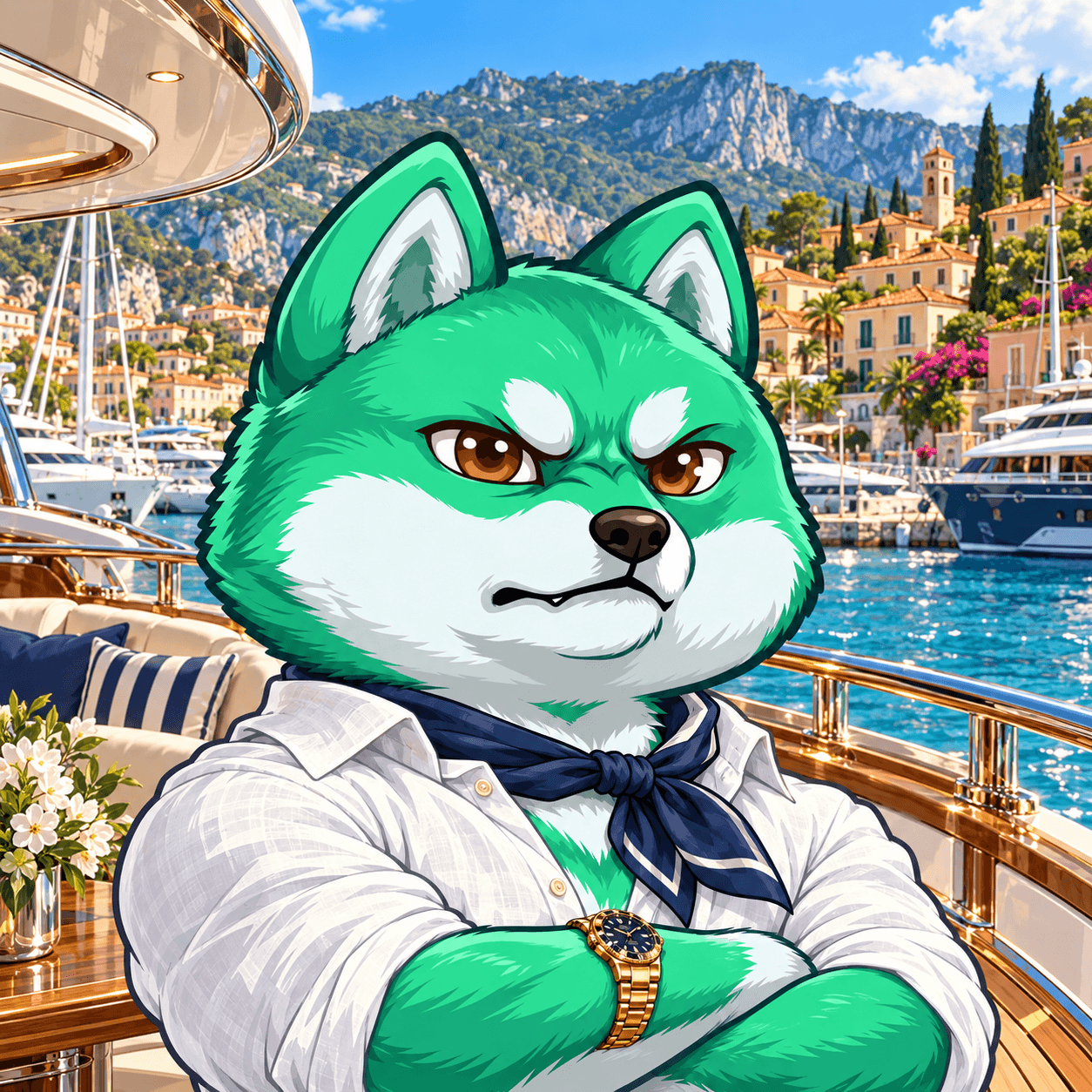 Pumpfun Inu — Yacht Inu: green and white Shiba Inu in a detailed illustrated environment